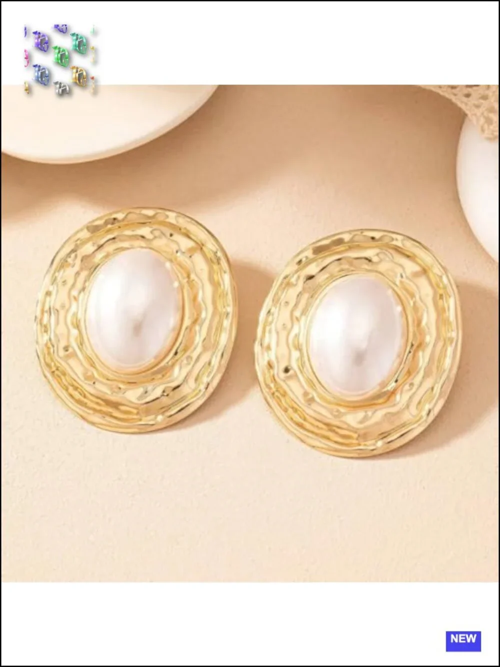 Large Gold Pearls Oval Dangling Earrings for Women Vintage Geometric Two Tone
